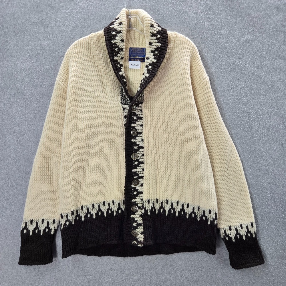 VINTAGE Pendleton Women Sweater M Ivory Cardigan 100% Shetland Wool 80s USA READ